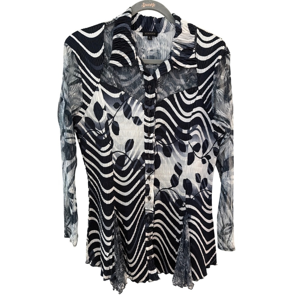 Komarov Womens Large Black White Wavy Stripe Botanical Crinkle Pleated Blouse